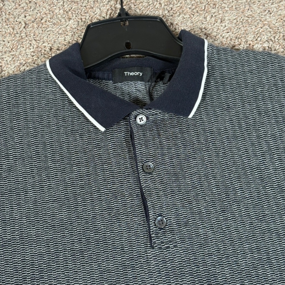 Theory Mens XL Zelig Geo Jacquard Pima Cotton Polo Shirt Navy White K0194546